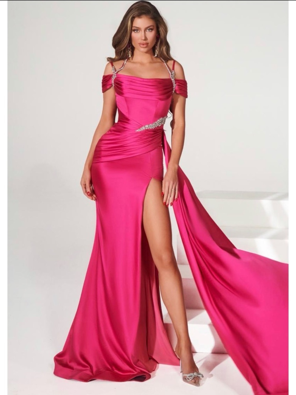Portia and Scarlett Hot Pink Off-Shoulder Satin Gown with Crystal Detail